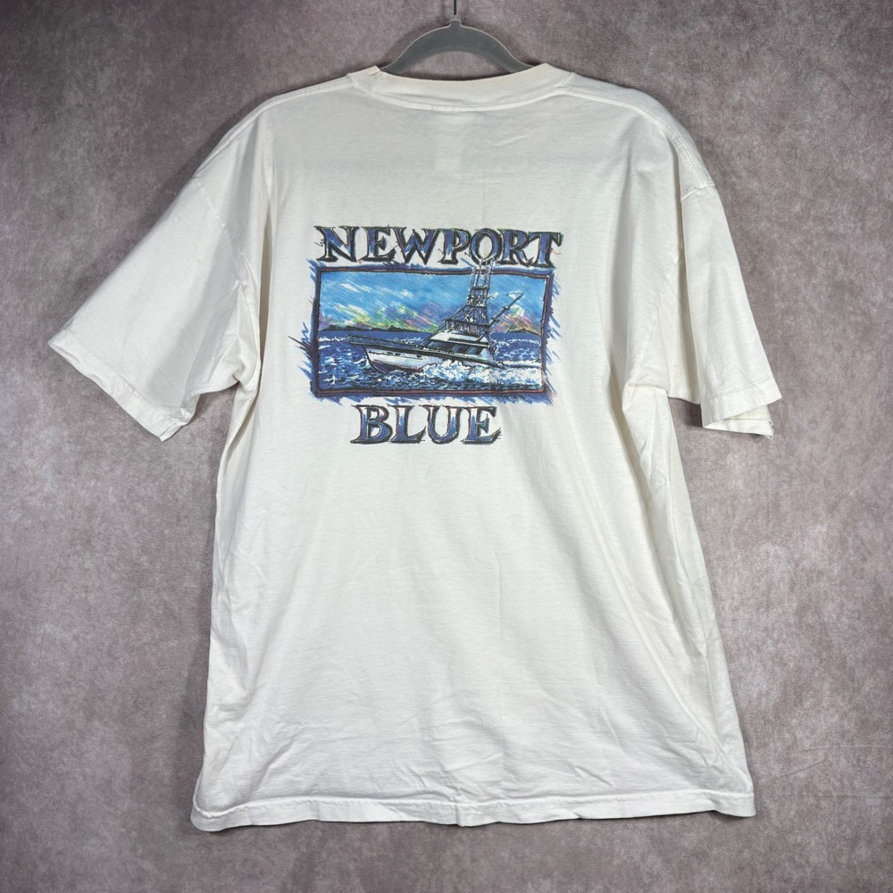 Vintage Newport Blue T-Shirt Mens XL White Graphic Boat Nautical 90s STAINED